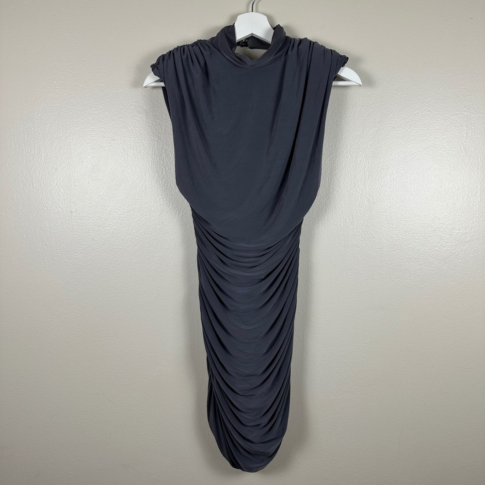 ASOS DESIGN Womens Size 4 Bodycon Dress Charcoal Grey Ruched Open Back Mock Neck